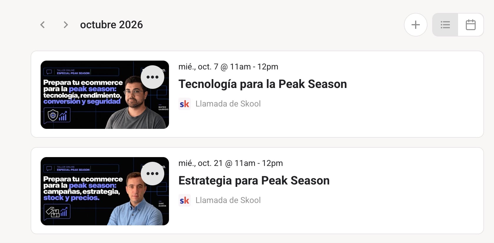 Calendario de octubre de 2026 de EcommPRO con dos talleres sobre peak season: Tecnología para la Peak Season, el miércoles 7 de octubre, y Estrategia para Peak Season, el miércoles 21, ambos de 11:00 a 12:00.